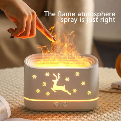Hand interacting with white deer-themed flame effect humidifier on textured surface