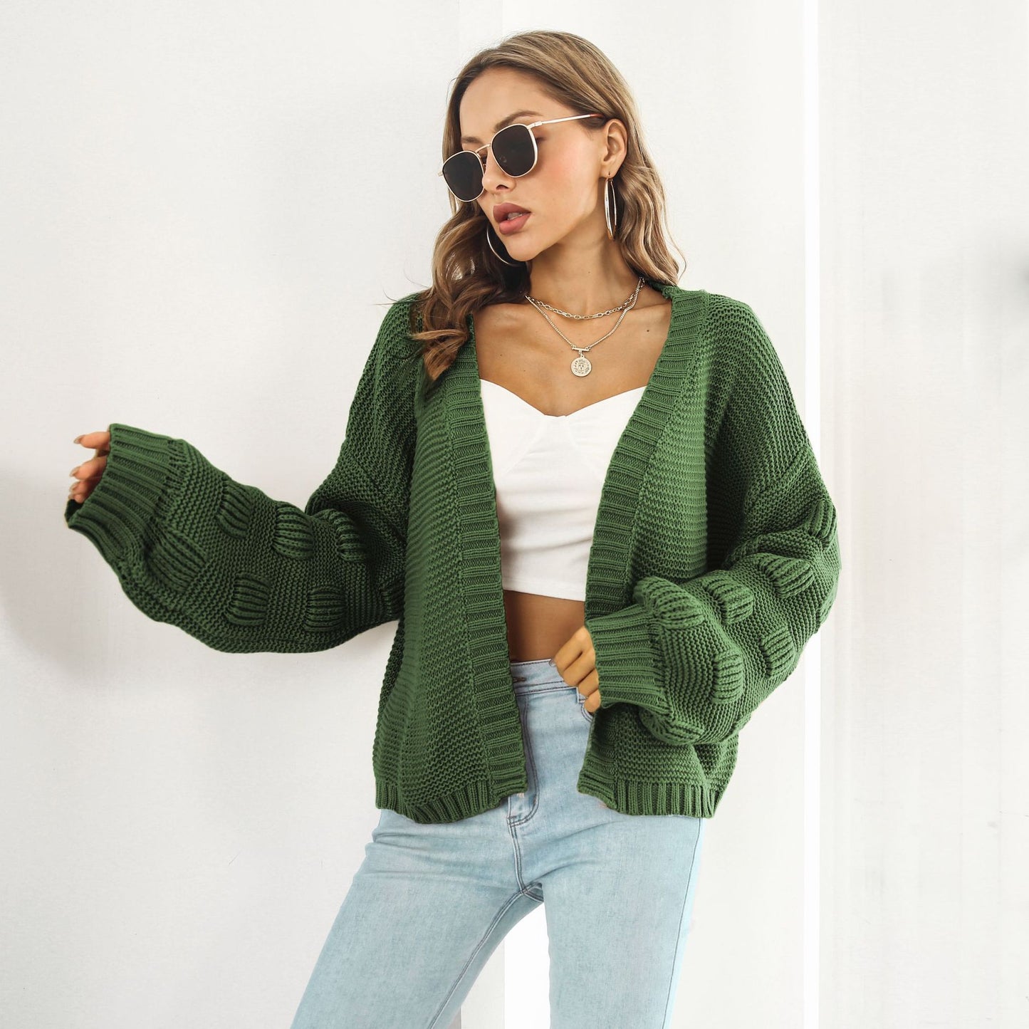 Puff Sleeve Cardigan – Chunky Knitwear Coat With Front Buttons, Oversized Sleeves
