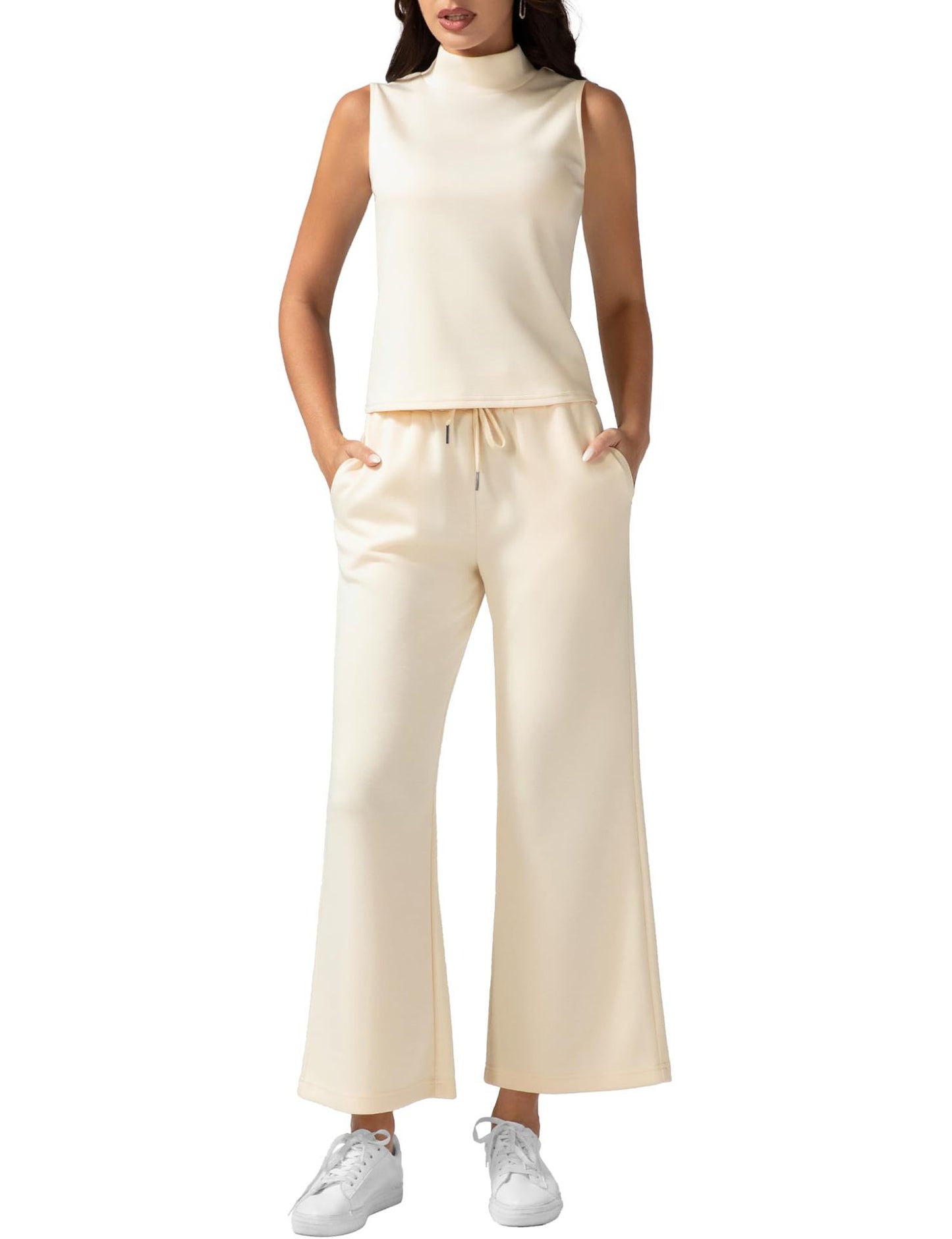 Women's Vest Pants Set - Wide Leg Cropped Pants & Sleeveless Vest Top
