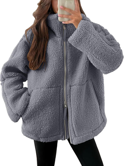 Winter Zip-Up Coat With Pockets - Women's Fleece Jacket, Casual Lapel Style