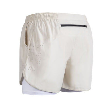 Light beige men's athletic shorts with white inner lining, side pocket, and back zipper pocket