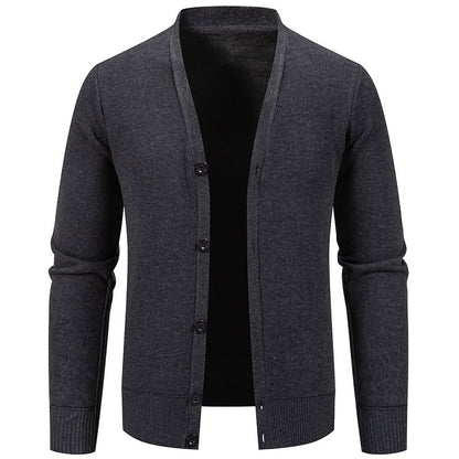 dark gray men's button-up cardigan sweater with ribbed cuffs and hem on white background