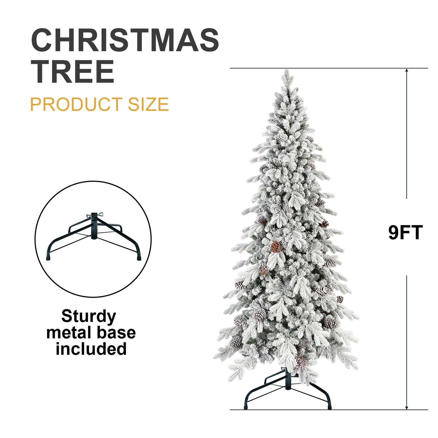 9ft flocked Christmas tree with pine cones on sturdy metal base, product size display