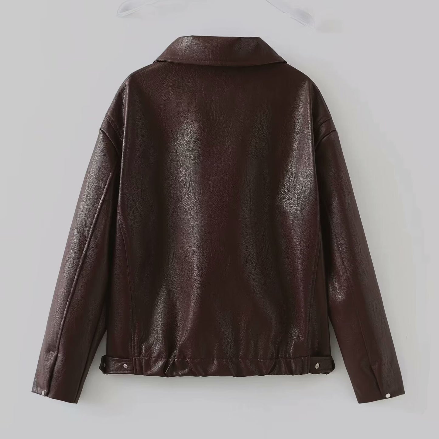 Leather Zipper Jacket | Women's Casual Lapel Coat | Burgundy & Black