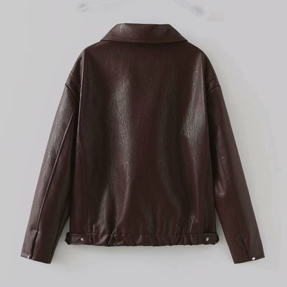 Leather Zipper Jacket | Women's Casual Lapel Coat | Burgundy & Black
