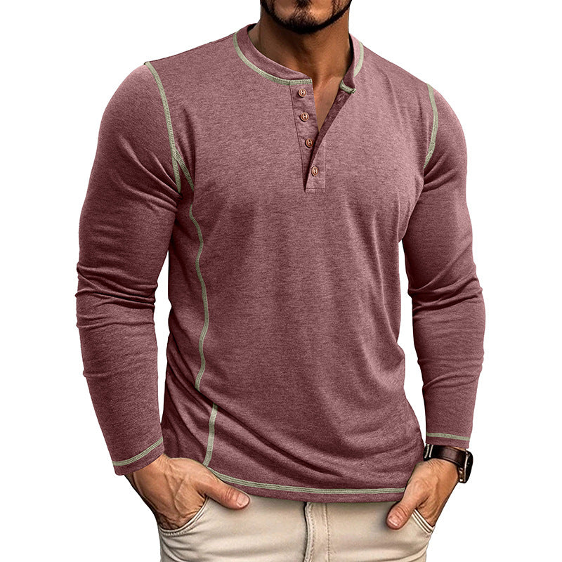 Men's casual long sleeve henley shirt in maroon with contrast stitching and brown buttons