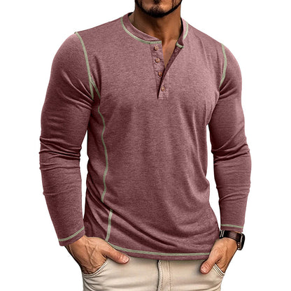 Men's casual long sleeve henley shirt in maroon with contrast stitching and brown buttons