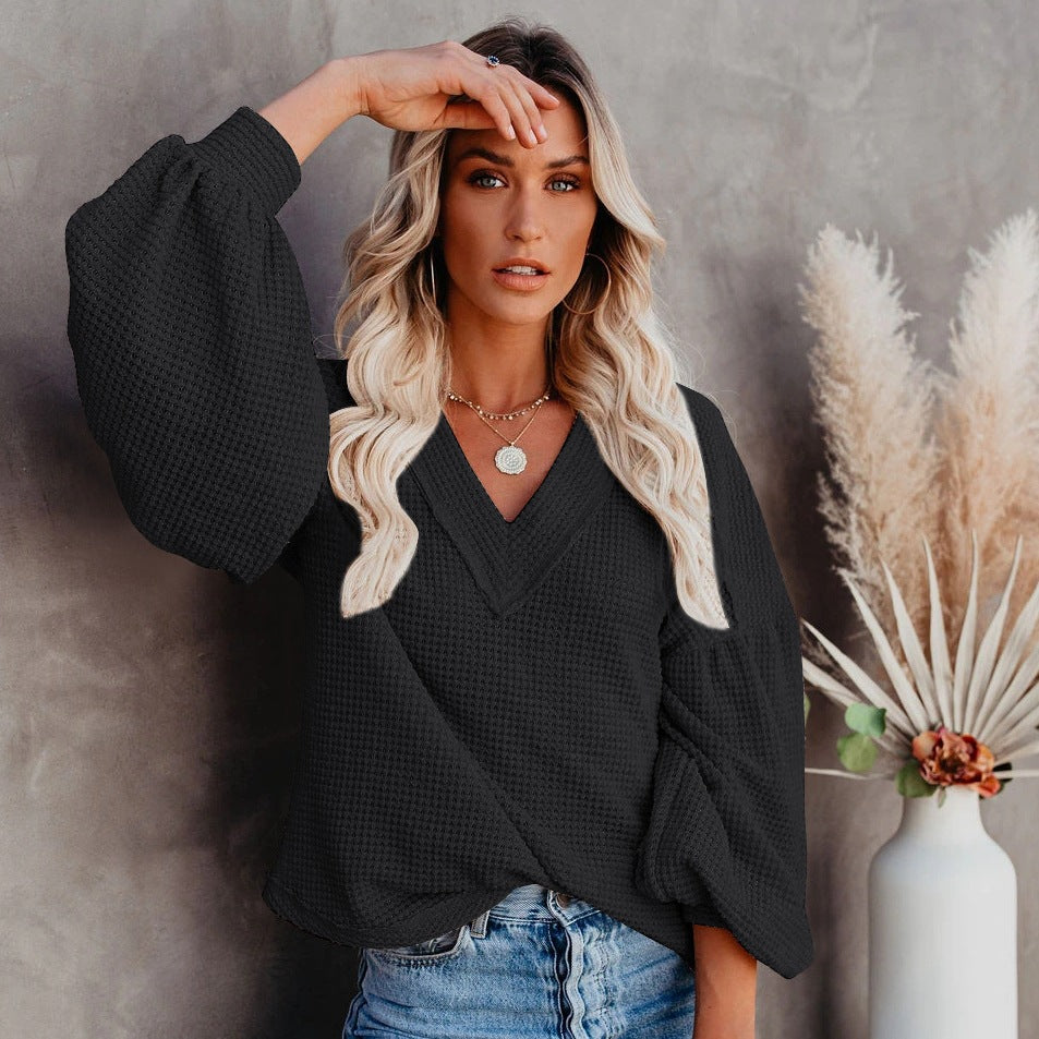 Loose V-Neck T-Shirt - Lantern Sleeve Top | Lightweight Polyester Pullover