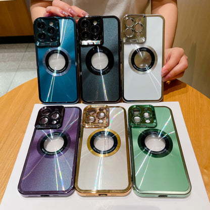 Six colorful magnetic phone cases with camera lens protectors displayed on table, held by hands
