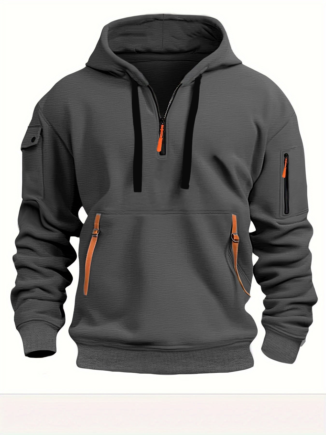 Dark gray hooded sweatshirt with black drawstrings, orange zipper pulls, and zippered pockets