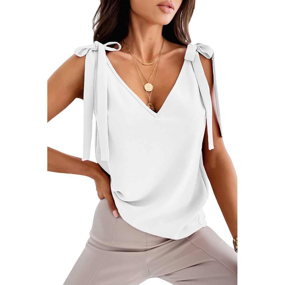Bowknot Camisole Top - Sleeveless Satin Tie Up Tank, V Neck Summer Shirt
