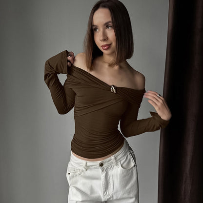 American-style Spicy Girl Design Off-shoulder Irregular Long-sleeve Tight Top