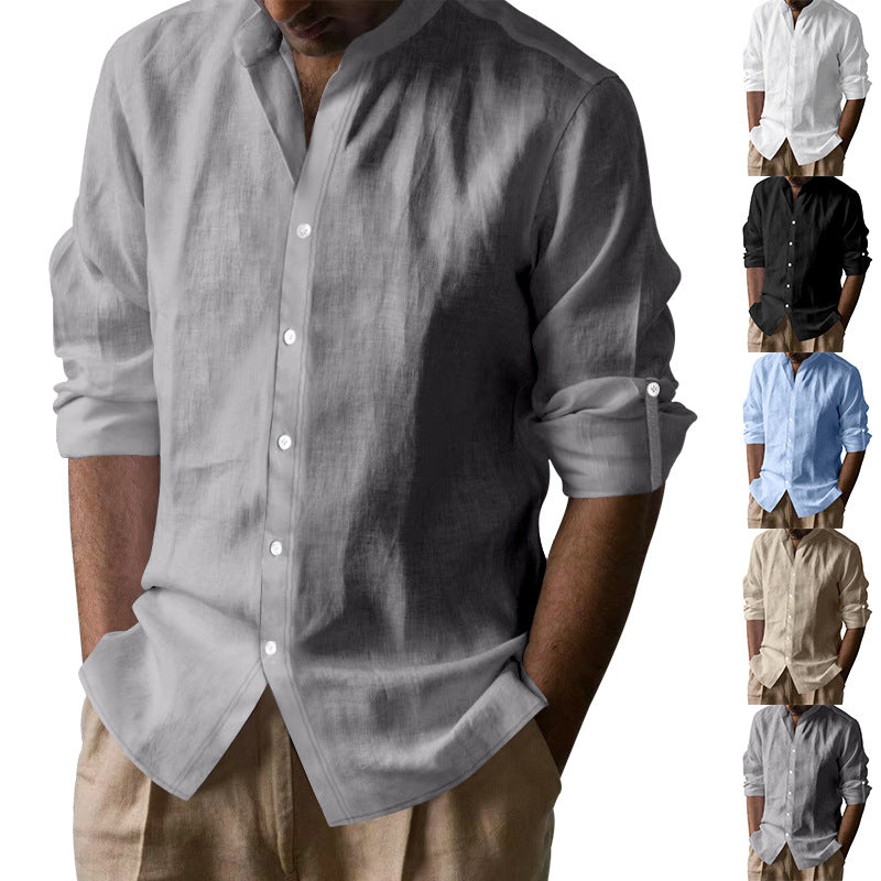 Men's casual linen shirt with mandarin collar and rolled-up sleeves in multiple colors, paired with beige pants