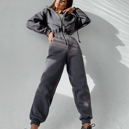 Women's Casual Hoodie Set - Two Piece Outfit With Zipper & Drawstring