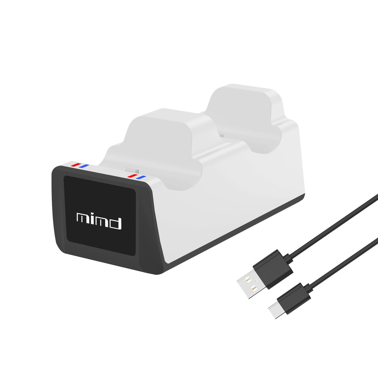 White dual controller charging dock with black front panel and USB-A to USB-C cable