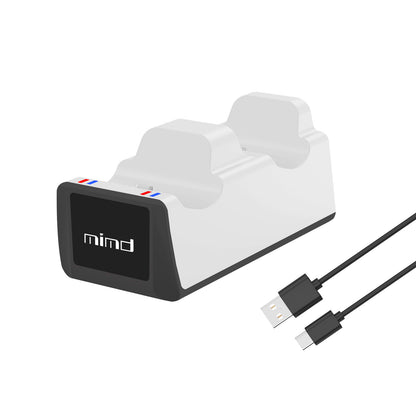 White dual controller charging dock with black front panel and USB-A to USB-C cable