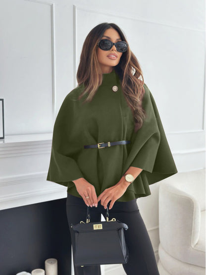 Stand Collar Cloak - Batwing Sleeve Jacket With Belted Woolen Sweater Outwear