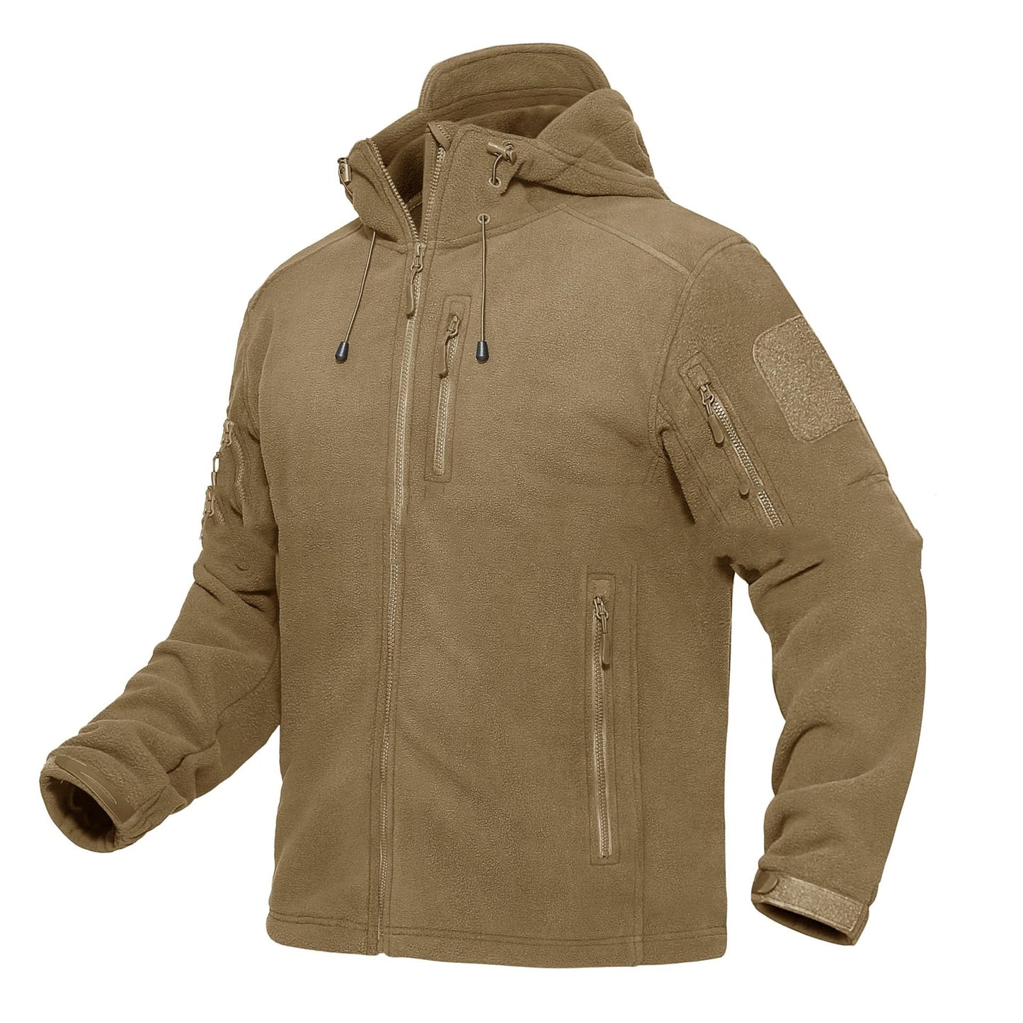 Men's tactical tan fleece jacket with hood, zippered pockets, and adjustable cuffs
