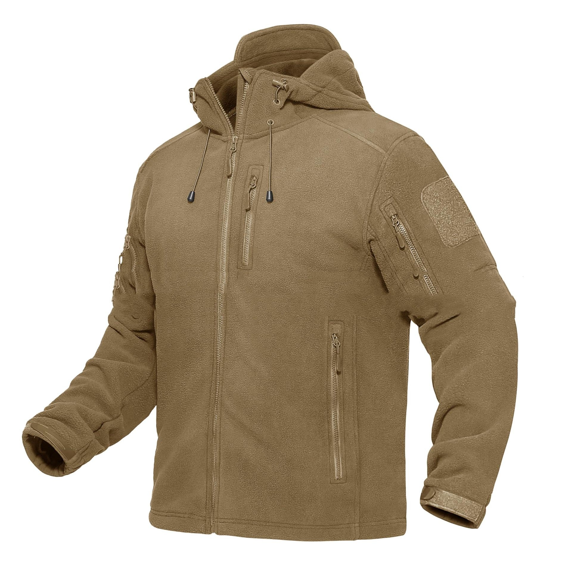 Men's tactical tan fleece jacket with hood, zippered pockets, and adjustable cuffs