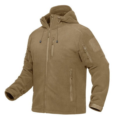 Men's tactical tan fleece jacket with hood, zippered pockets, and adjustable cuffs