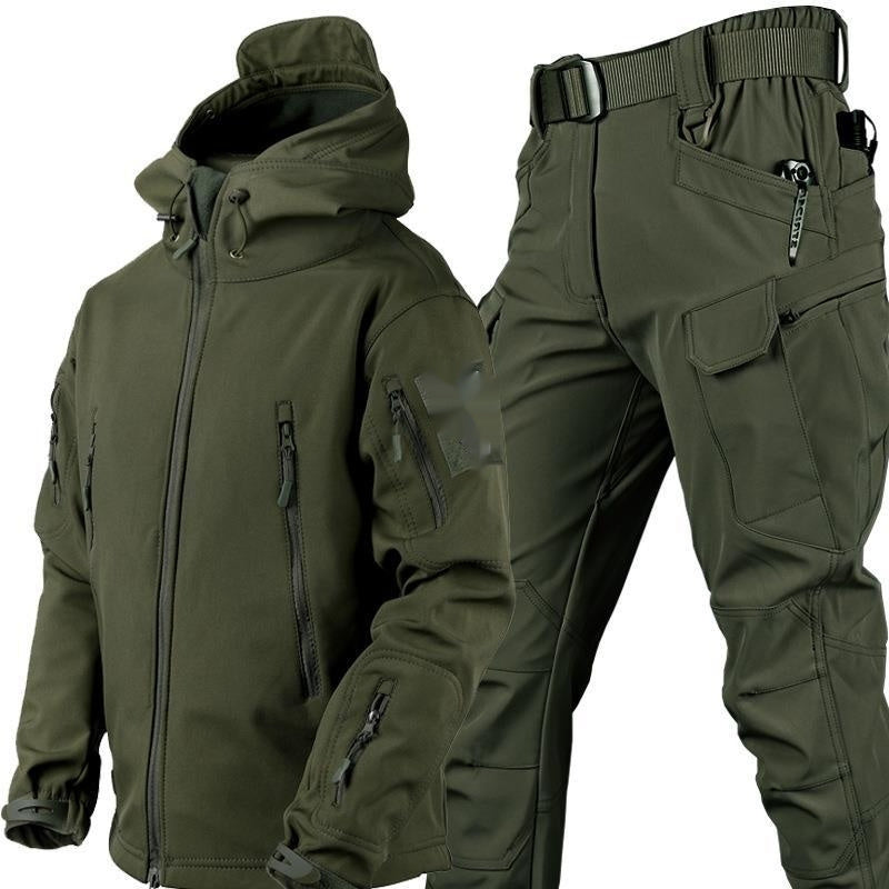 Olive green tactical jacket and cargo pants set with multiple zippered pockets and adjustable straps