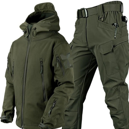 Olive green tactical jacket and cargo pants set with multiple zippered pockets and adjustable straps