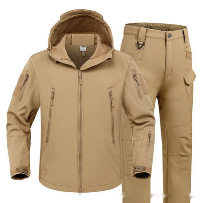 tan tactical softshell jacket with hood and matching cargo pants set with multiple pockets