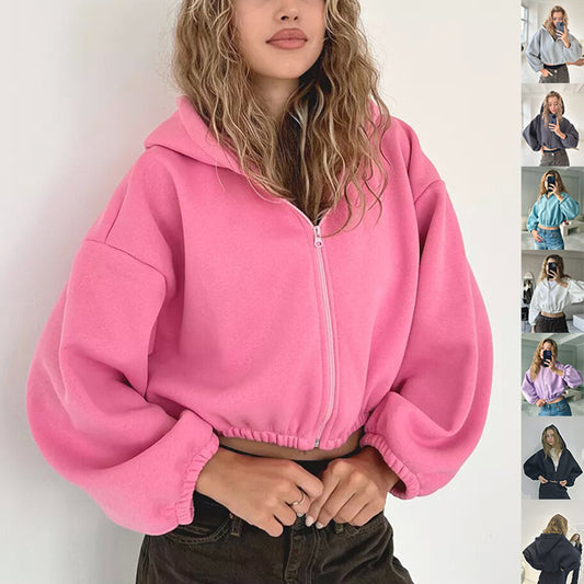 Hooded Zip Up Cardigan - Women's Casual Jacket With Slim Fit & Zipper Front