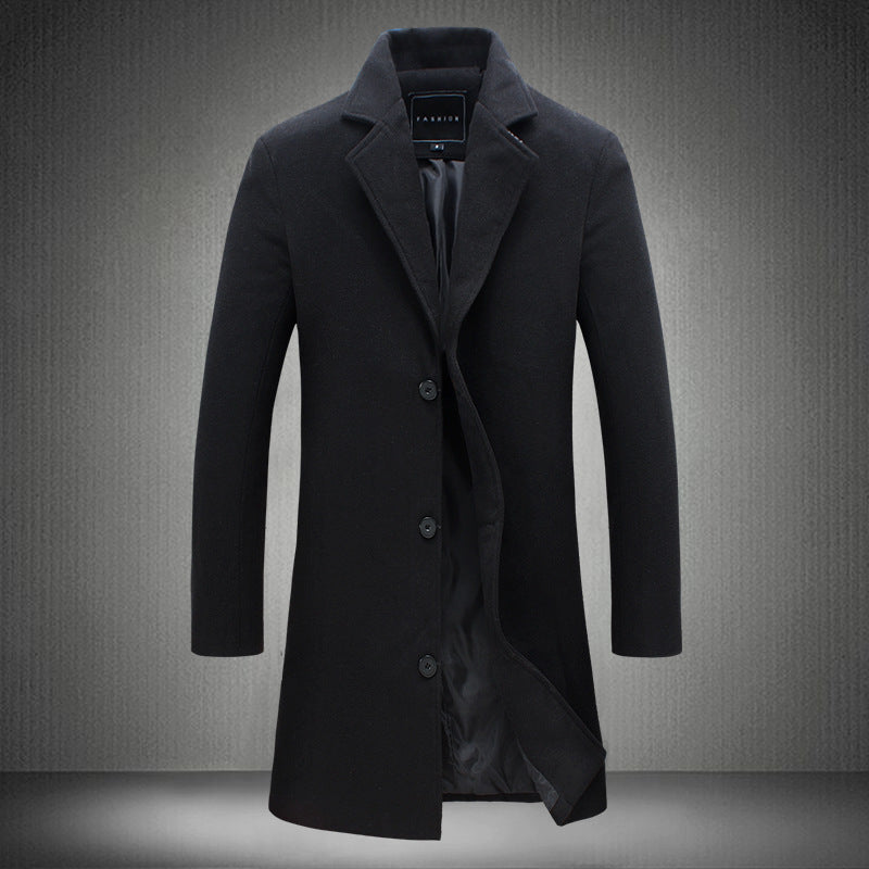 Mens Woolen Coat - Casual Business Medium Length Solid Color Outerwear