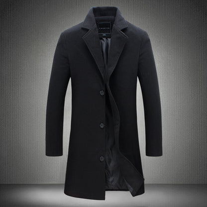 Mens Woolen Coat - Casual Business Medium Length Solid Color Outerwear