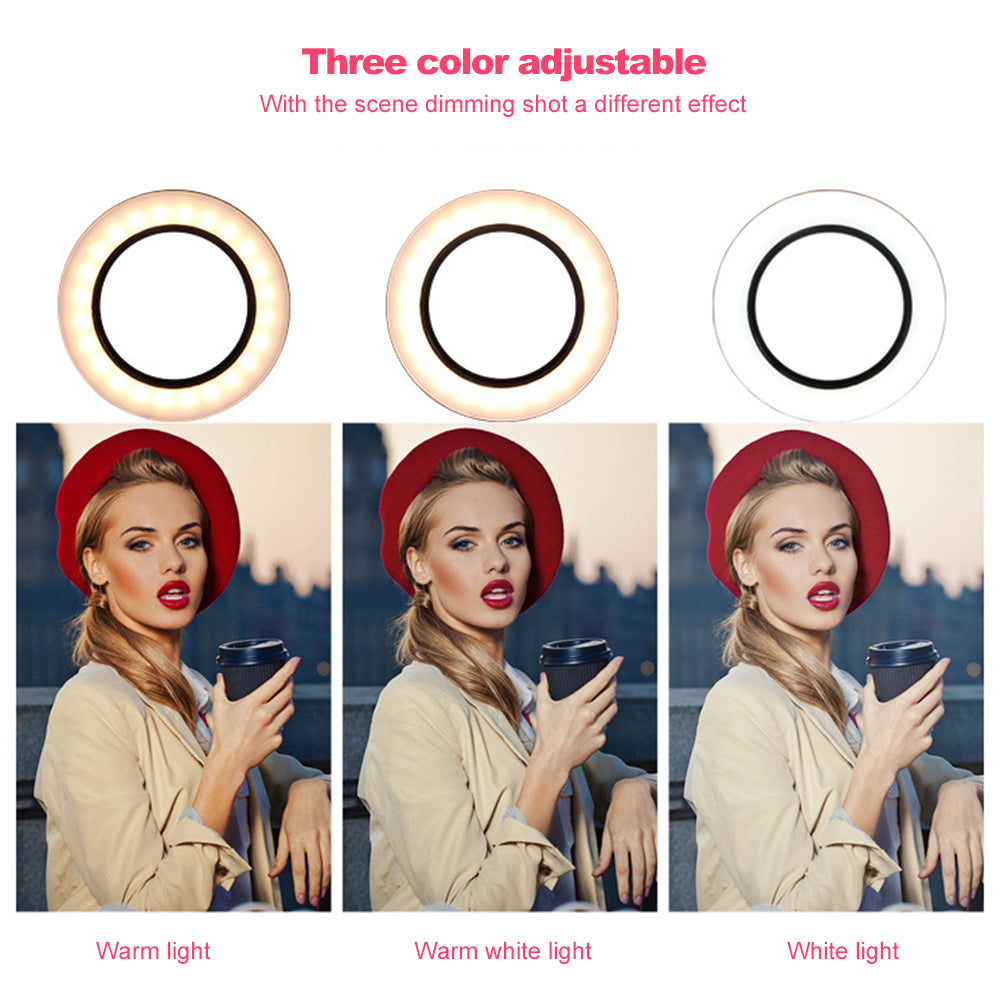 Three images of a woman wearing a red beret and beige coat holding a cup under ring light showing warm, warm white, and white light effects