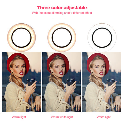 Three images of a woman wearing a red beret and beige coat holding a cup under ring light showing warm, warm white, and white light effects