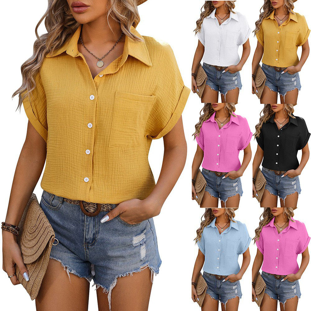 Casual Chambray Shirt - Summer Loose Short Sleeve Top With Pocket