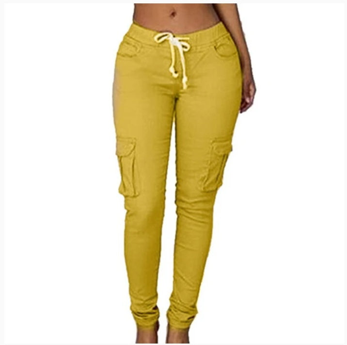 Women's Casual Pants - Multi-Pocket Cotton Trousers With Tight Fit And Middle Waist