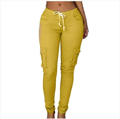 Women's Casual Pants - Multi-Pocket Cotton Trousers With Tight Fit And Middle Waist