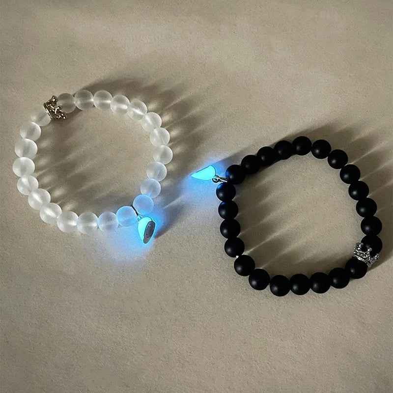 Handmade Beaded Bracelet – Glow In Dark Couple Charm Crown Wristband