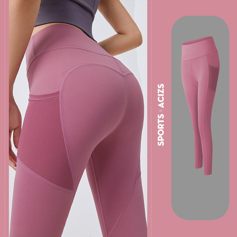 Women's mauve seamless leggings with high waist and side mesh pocket, designed for sports and fitness