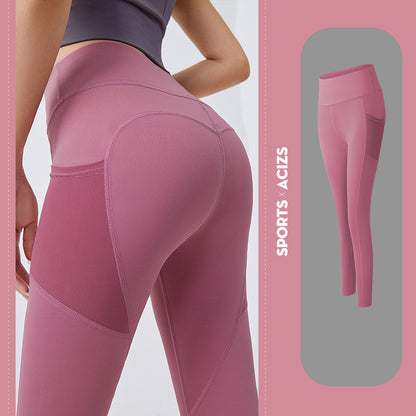 Women's mauve seamless leggings with high waist and side mesh pocket, designed for sports and fitness
