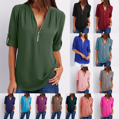 Zip V-Neck Shirt Women - Loose Short Sleeve Tops, Breathable Dacron Fabric
