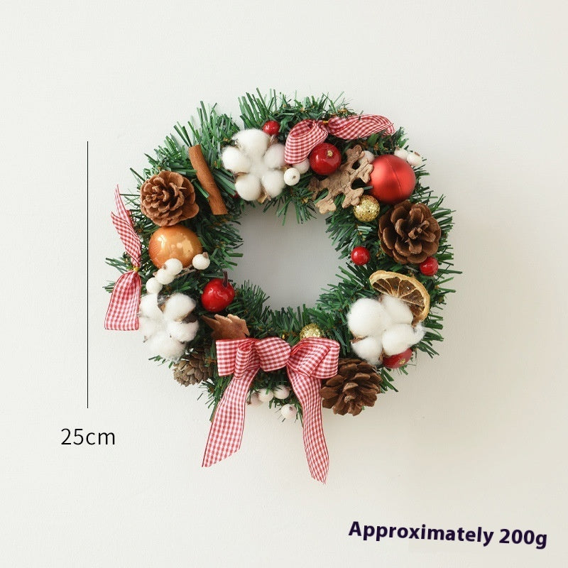 25cm Christmas wreath with pinecones, cotton, red and gold ornaments, cinnamon sticks, and gingham bows