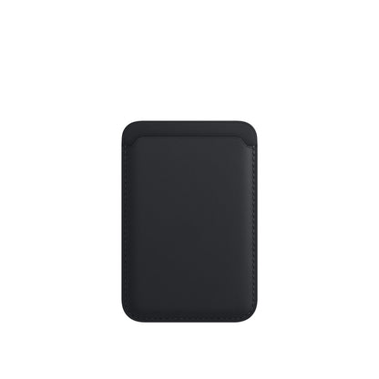 Black leather card holder with a smooth finish and stitched edges on white background
