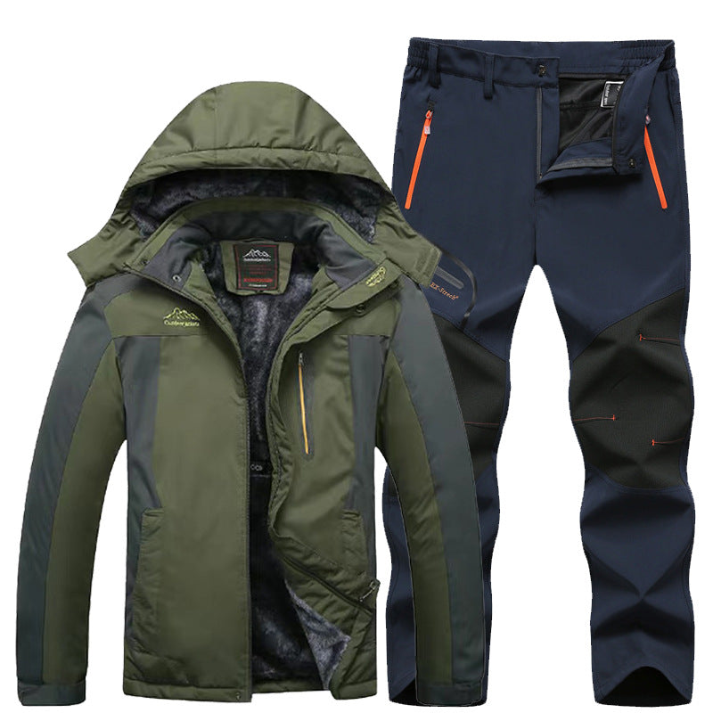 Olive green and gray outdoor winter jacket with fleece lining and navy blue hiking pants with orange zippers