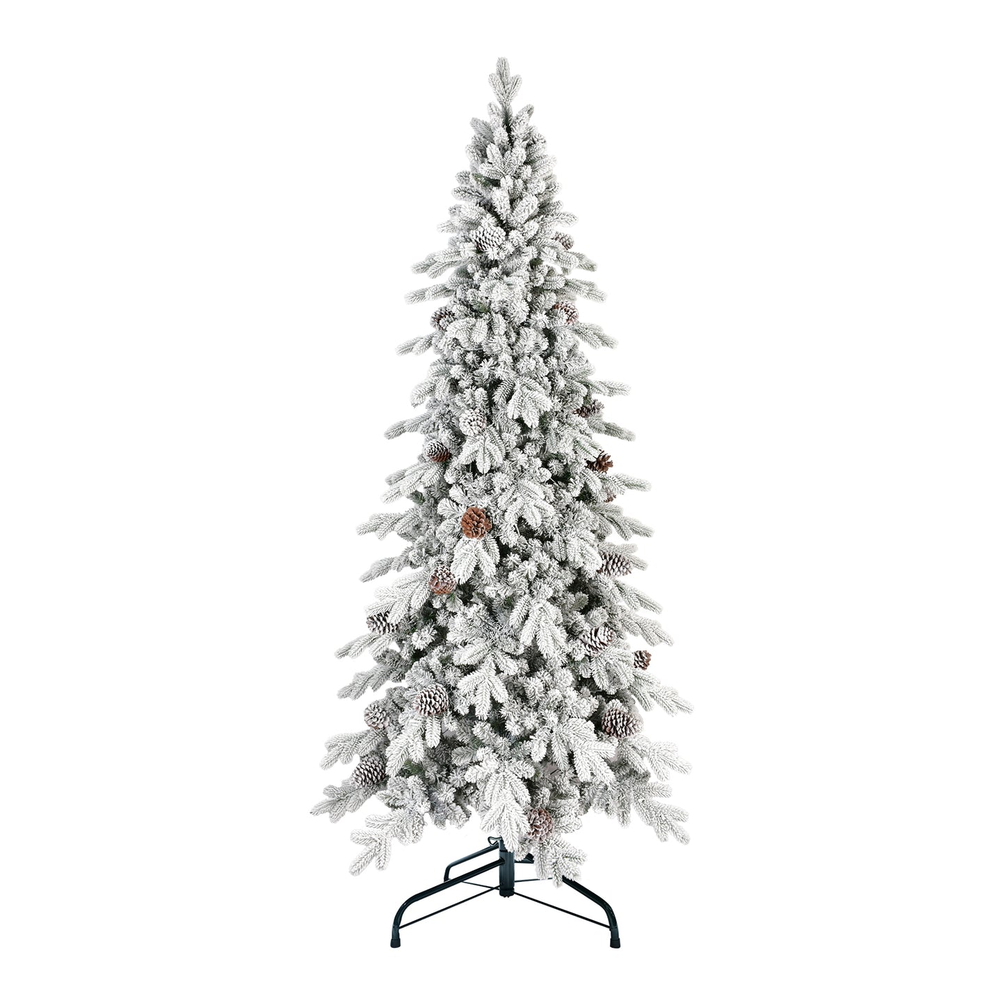 Tall artificial Christmas tree with snow-covered branches and pine cones on black metal stand