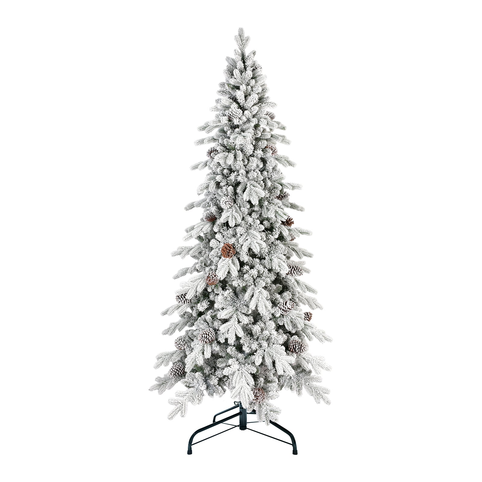 Tall artificial Christmas tree with snow-covered branches and pine cones on black metal stand