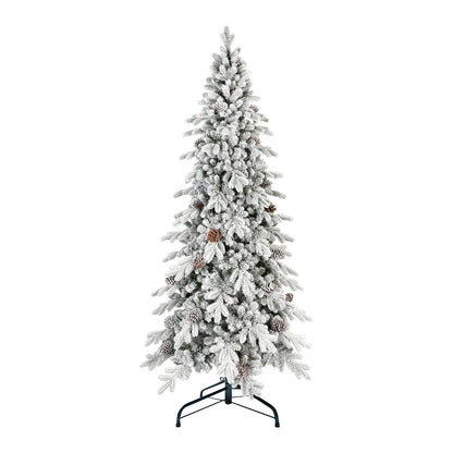 Tall artificial Christmas tree with snow-covered branches and pine cones on black metal stand