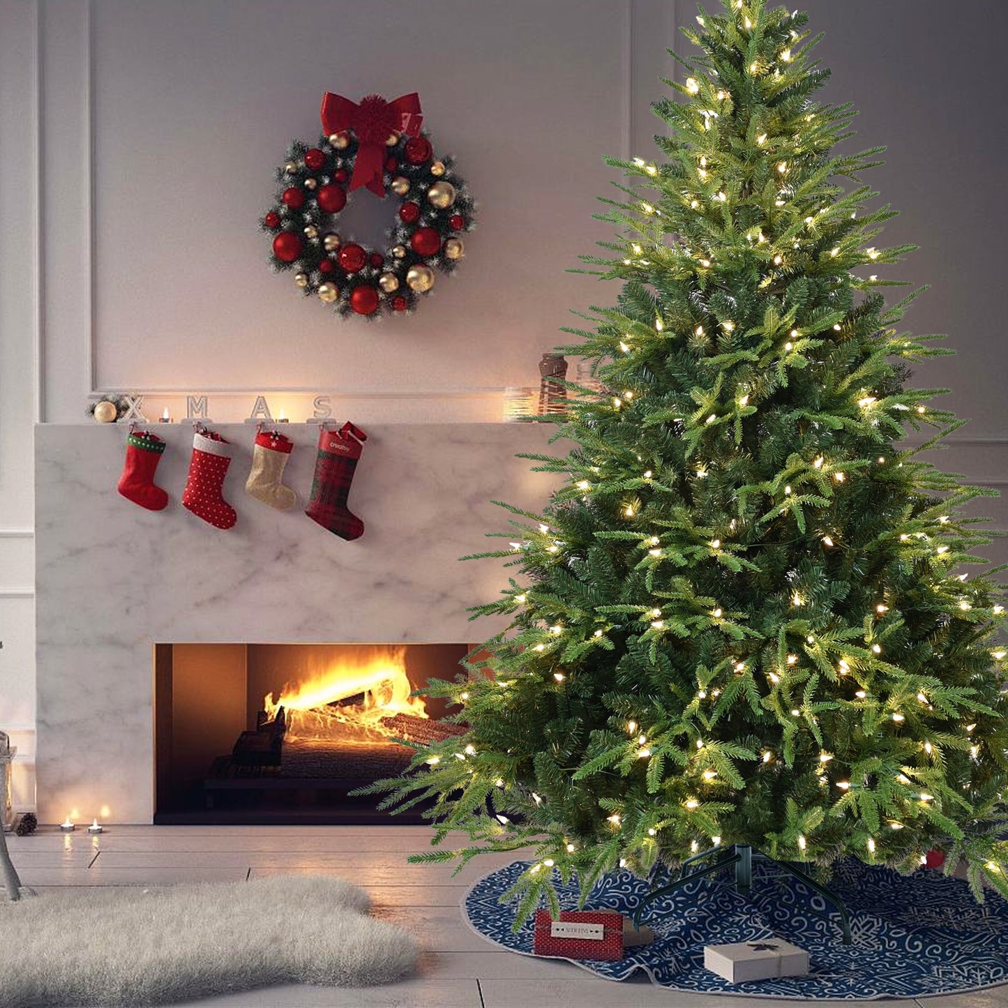 Lit Christmas tree with white lights near fireplace decorated with stockings and wreath