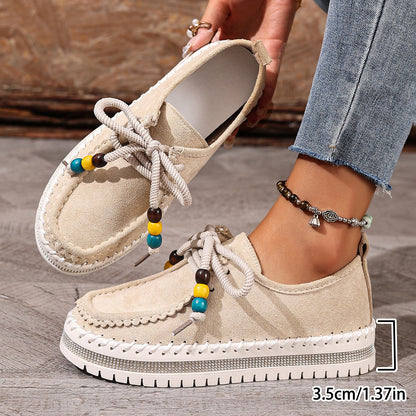 Women's Thick-Soled Flats | Retro Beige Suede Casual Shoes With Rubber Sole