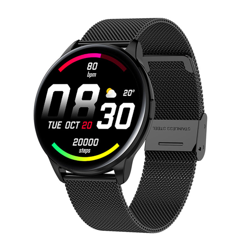 Black stainless steel mesh smart watch showing time, date, heart rate, weather, and steps count