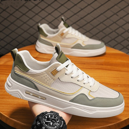 Men's Fashion Shoes | Versatile White Leather Board Sneakers Mid Heel