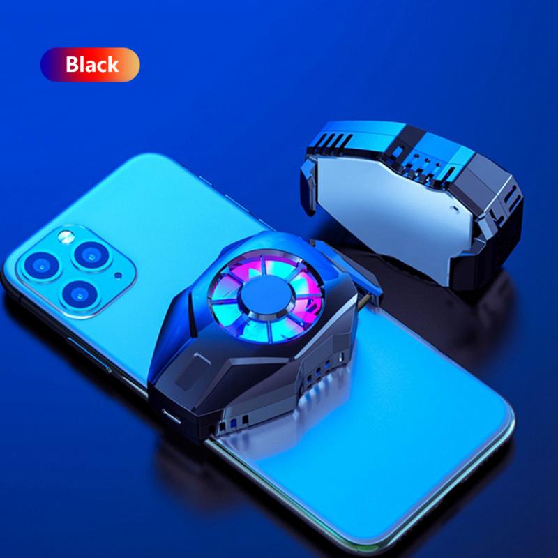 Black mobile phone cooling fan with RGB lights attached to a blue smartphone on a reflective surface